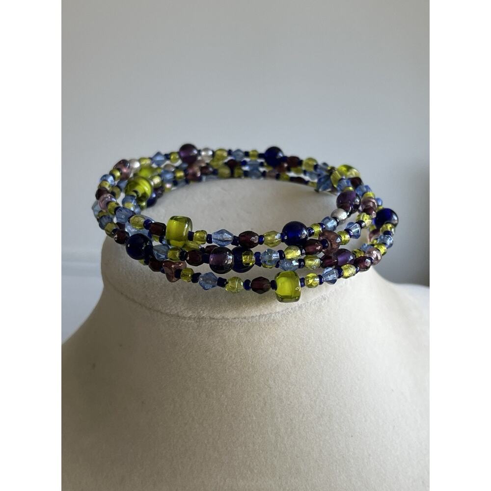Vintage Bracelet Blue Green Purple Mix Art Glass Bead Wire Memory Bracelet